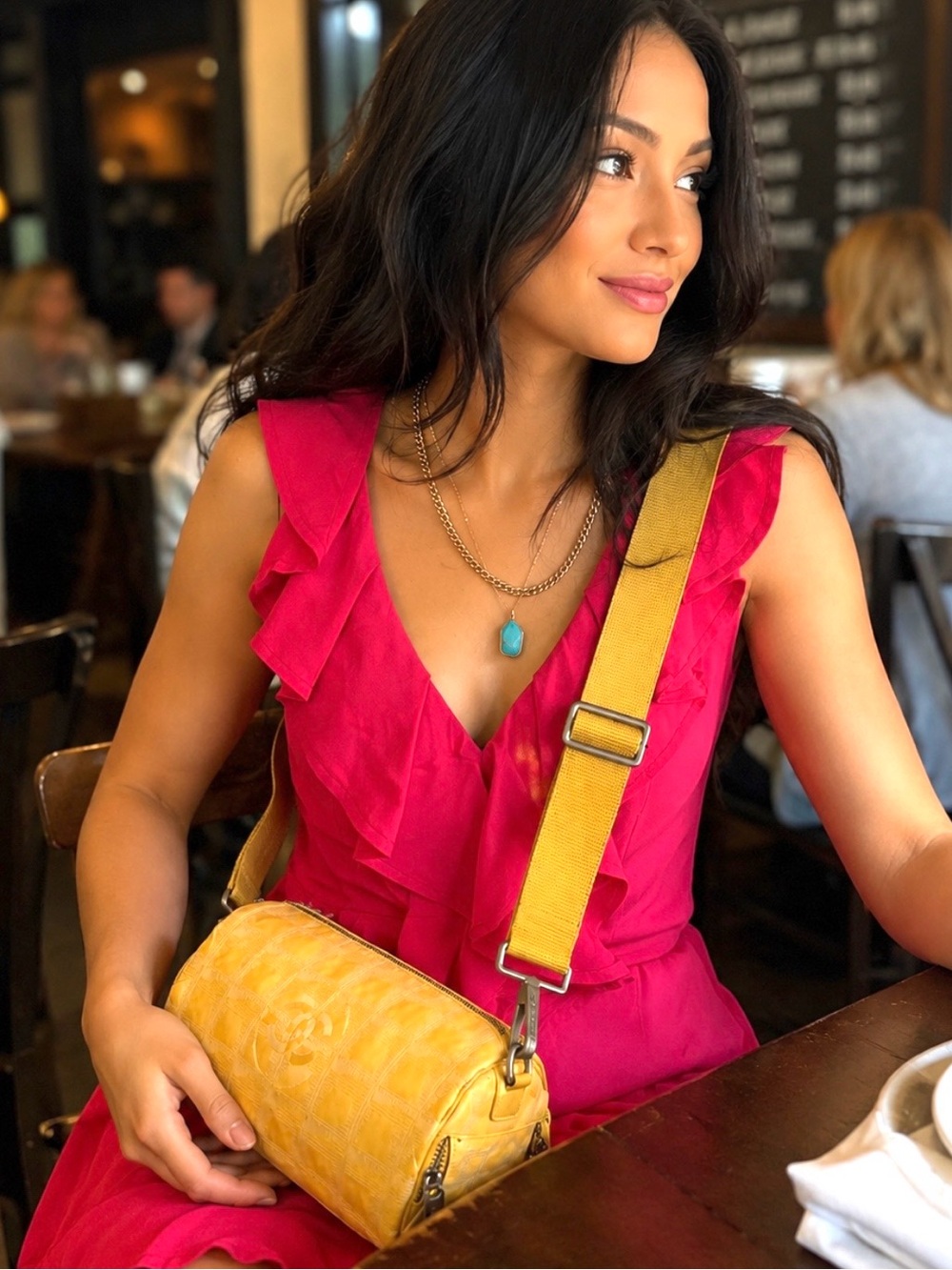 Authentic Chanel Yellow Travel Line CC Crossbody Bag Jacquard Nylon Adjustable